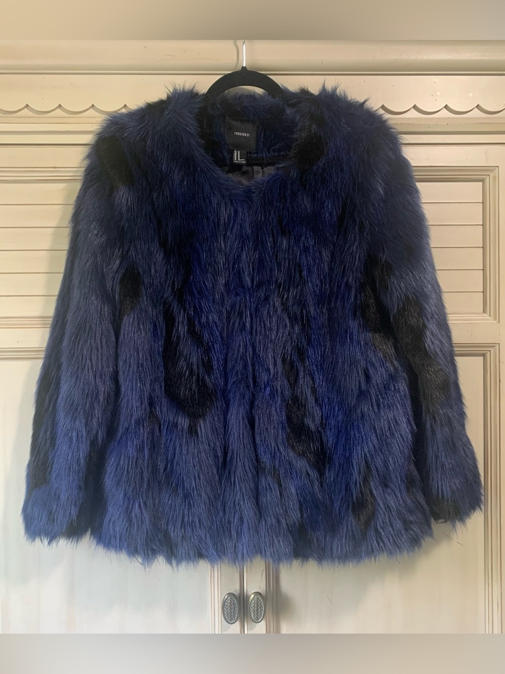 Forever 21 Blue Faux Fur Jacket Size Medium Leopard Print Coat